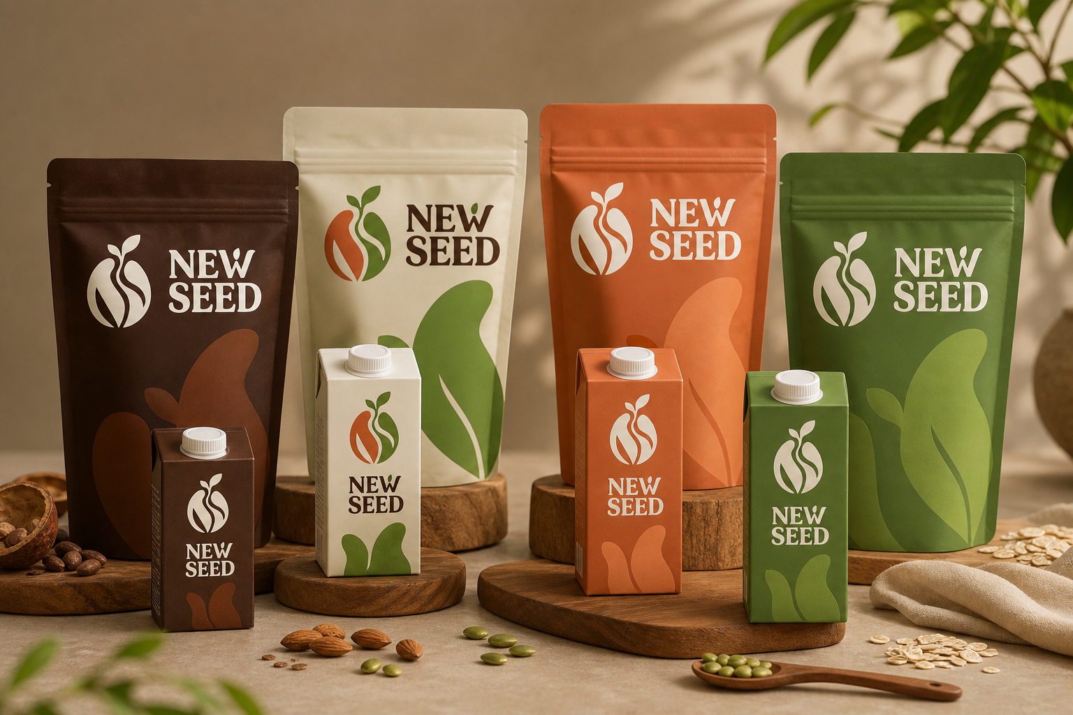 New Seed Food System — Pouch and carton product range with variant coding.