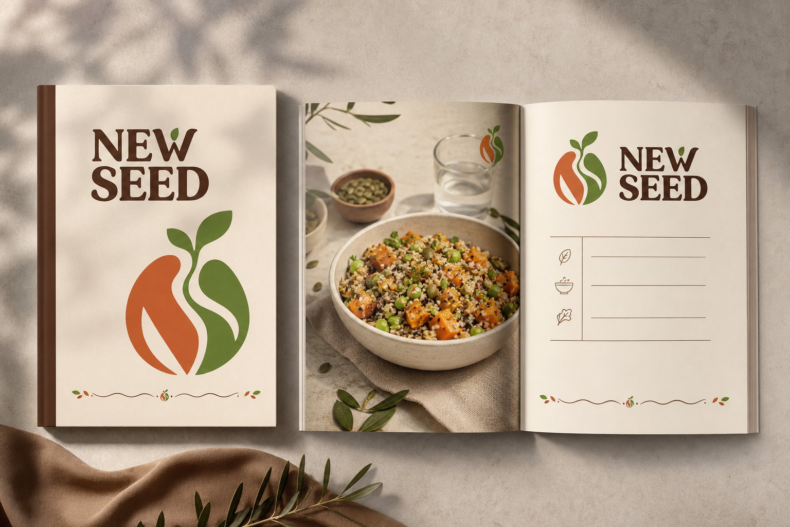 New Seed Food System — Recipe-booklet cover and preparation spread.