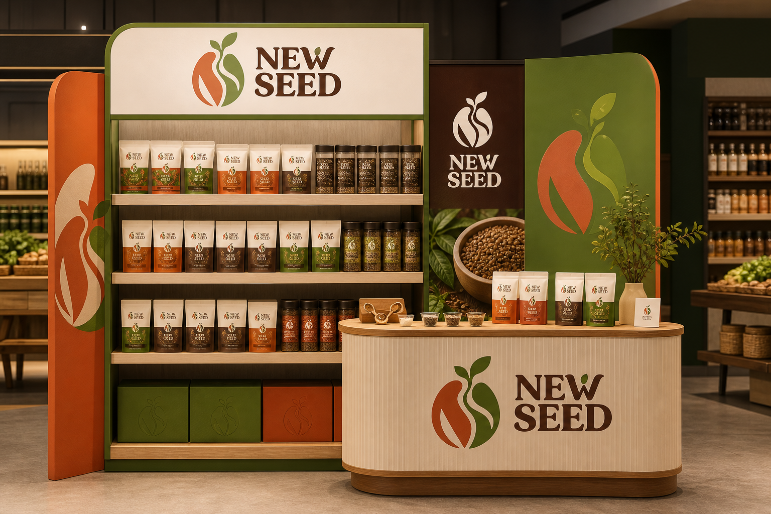 New Seed Food System — Retail shelf and tasting-counter environment.