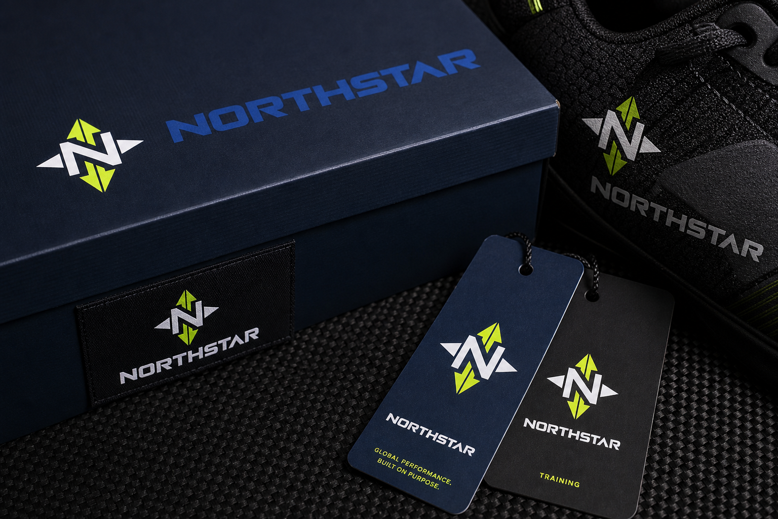 Northstar Athletic Ecosystem — Footwear packaging and apparel-label details.