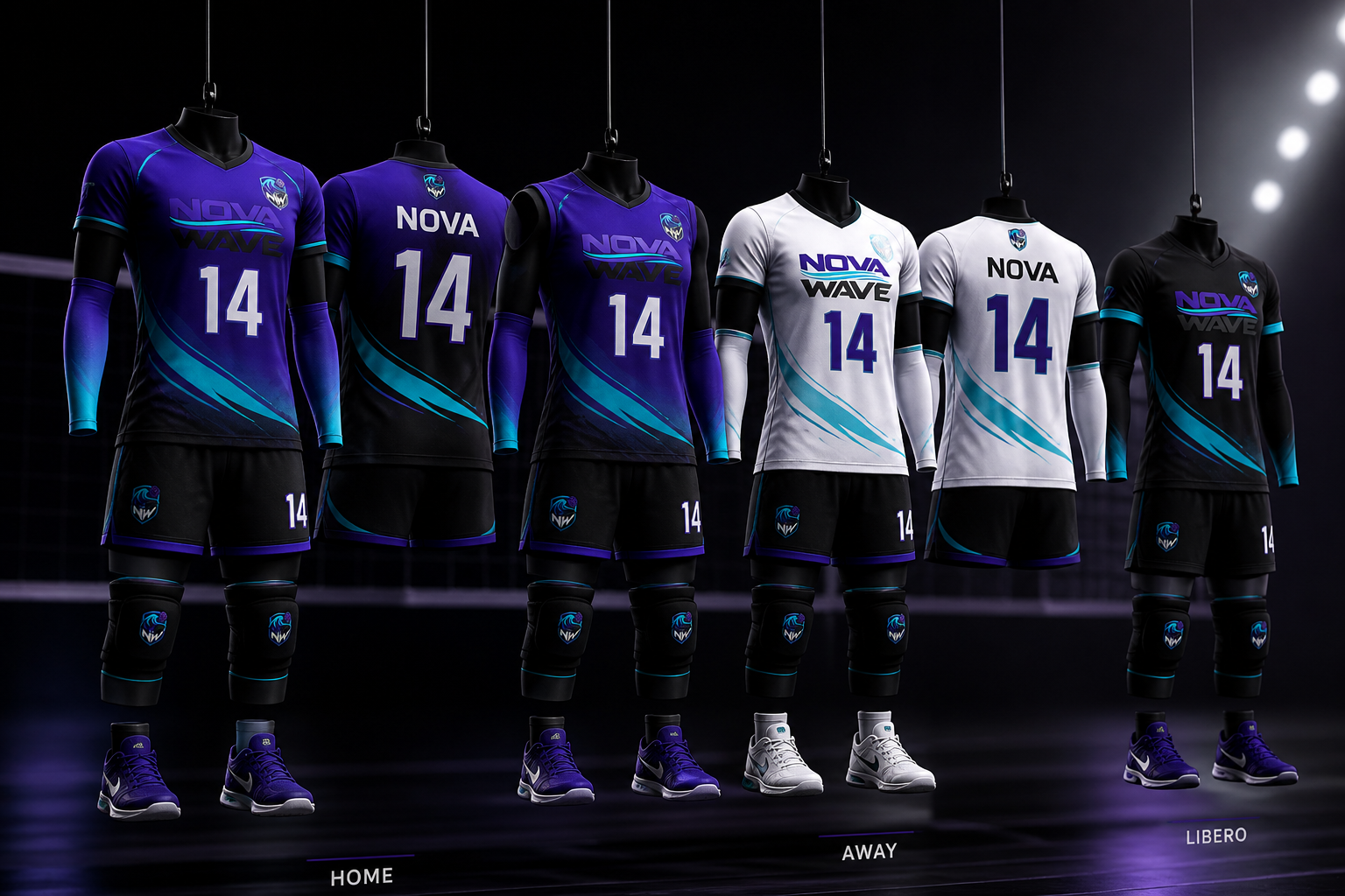 Nova Wave Volleyball Club Uniform & Sports Identity — Home, away and libero uniform family.