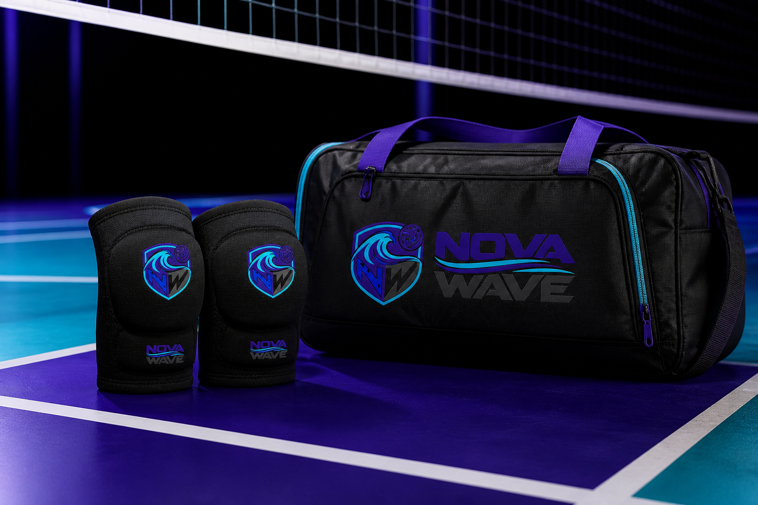 Nova Wave Volleyball Club Uniform & Sports Identity — Ball, net and equipment applications.