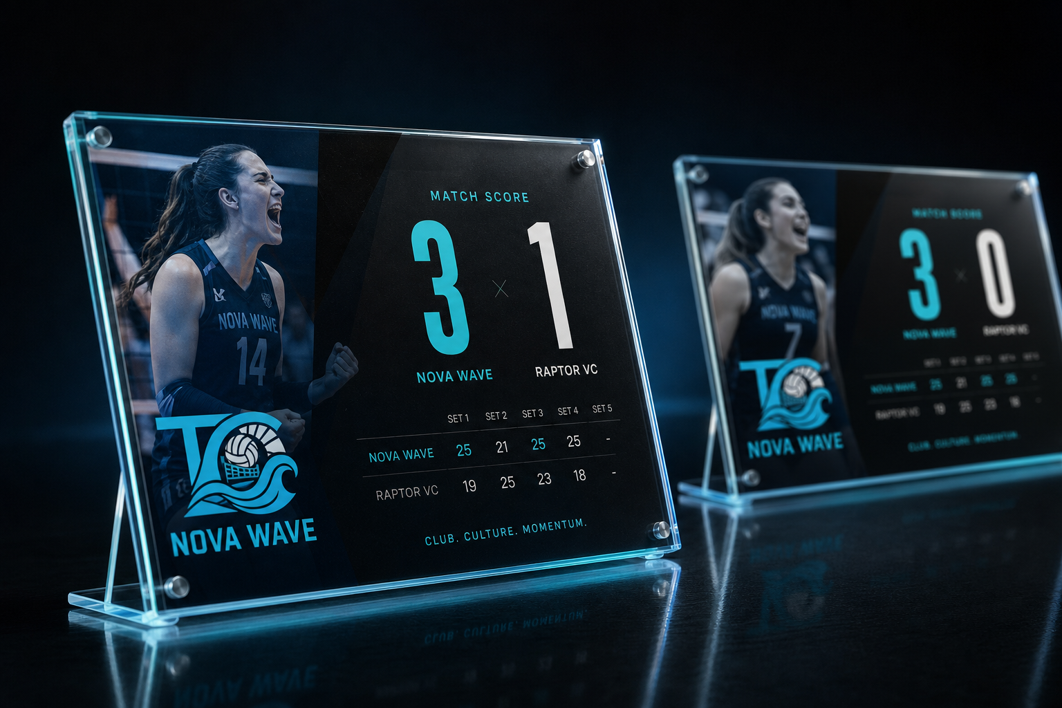 Nova Wave Volleyball Club Uniform & Sports Identity — Match-score social content.