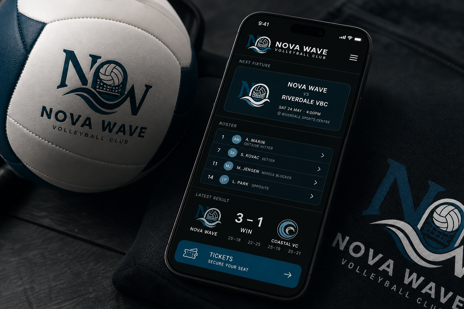 Nova Wave Volleyball Club Uniform & Sports Identity — Mobile club experience.