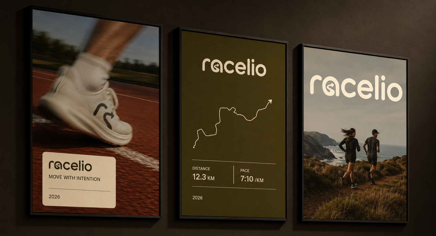 Three framed Racelio posters featuring track, route and coastal imagery