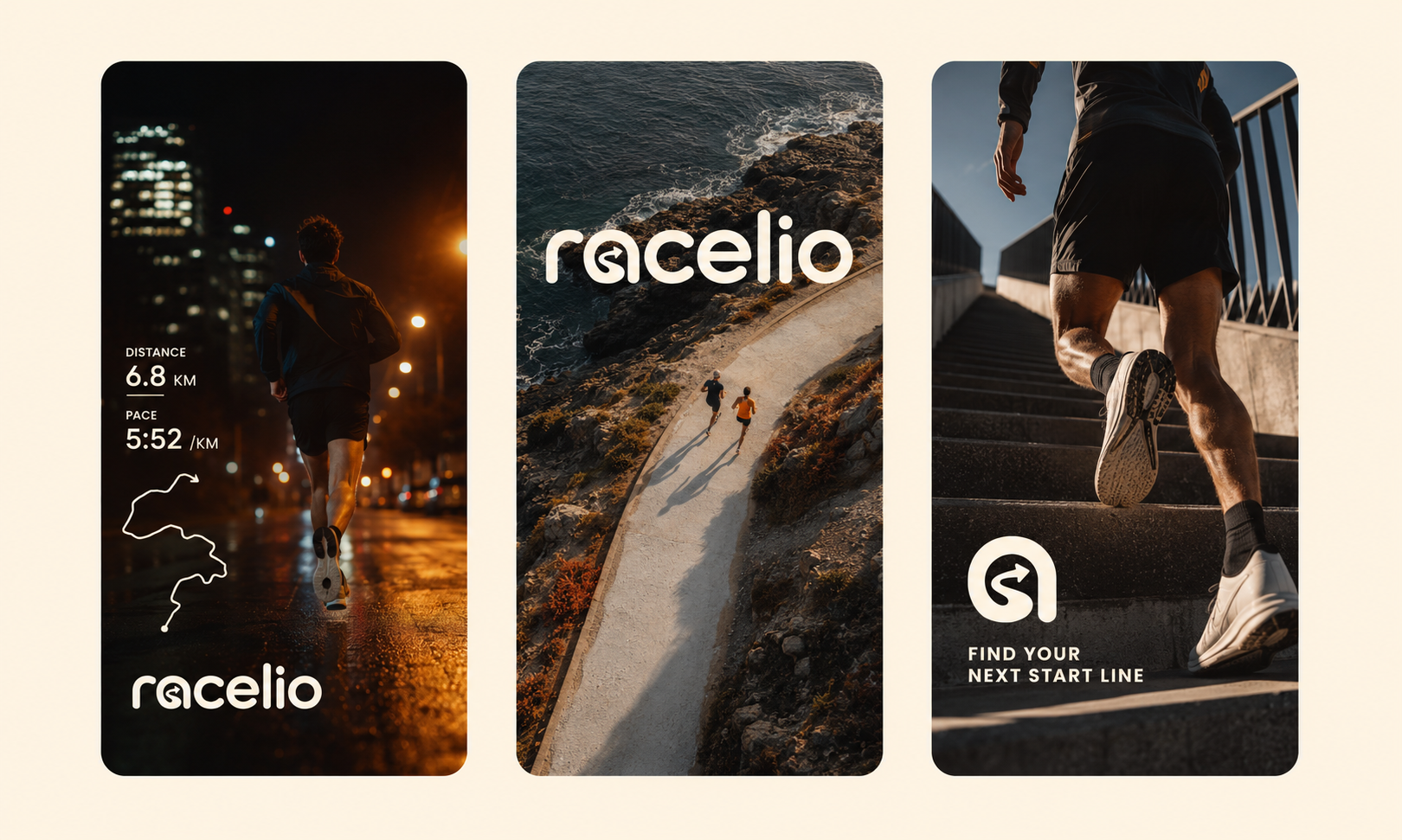 Three vertical Racelio running campaign layouts