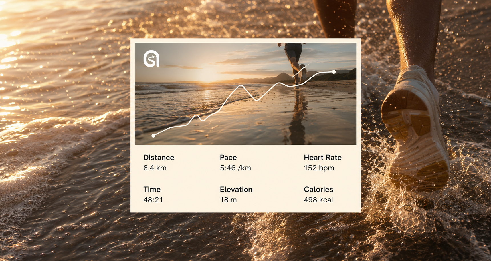 Running performance card showing distance, pace, heart rate and elevation