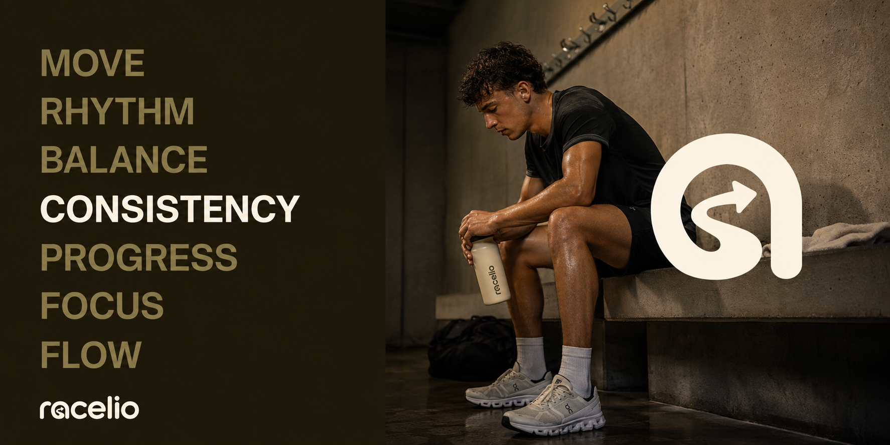Racelio brand values beside an athlete recovering after training