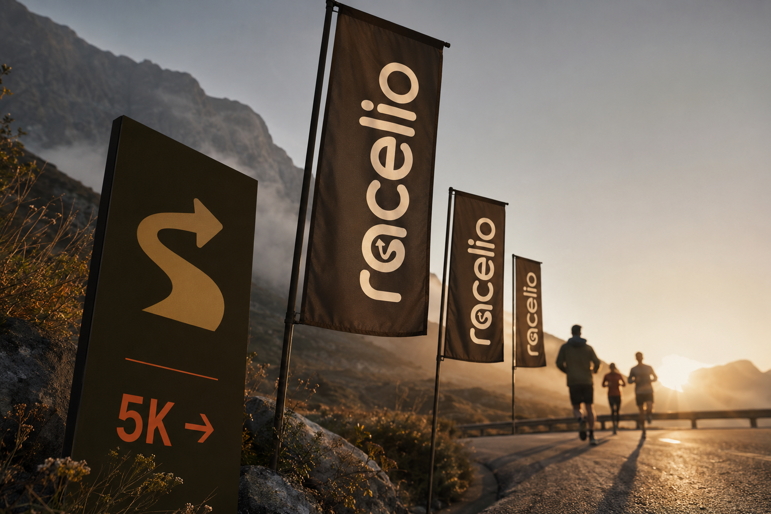 Racelio course flags and 5K directional sign