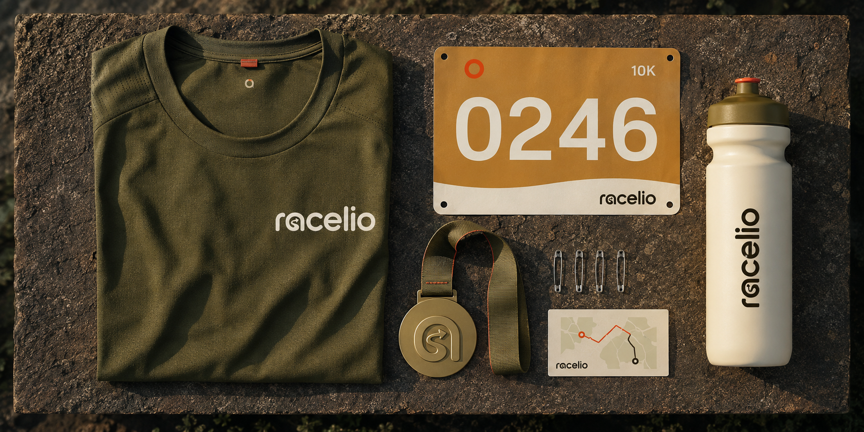 Racelio race kit with singlet, bib, medal, route card and bottle