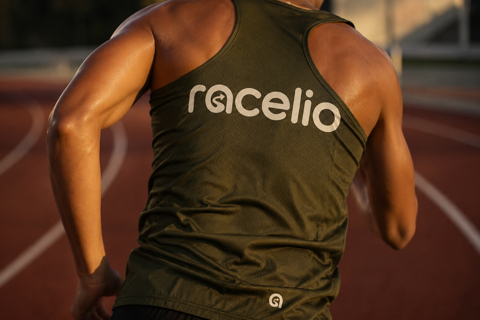 Racelio wordmark applied to an olive performance running singlet