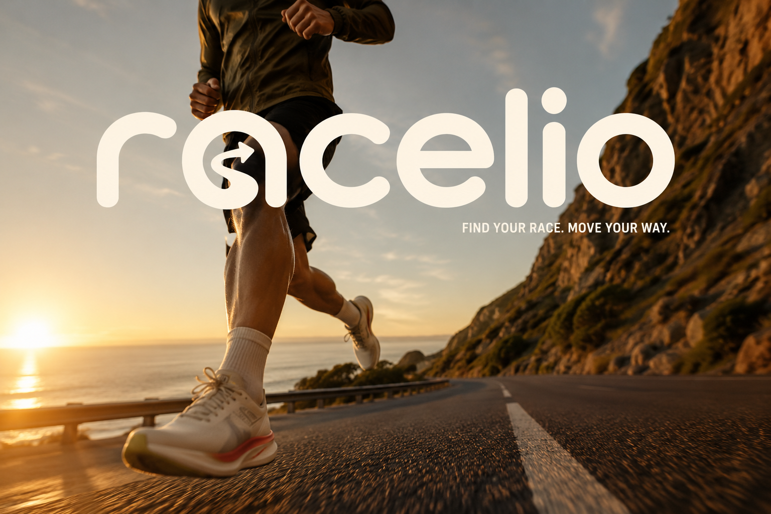 Racelio wordmark over a runner on a coastal road