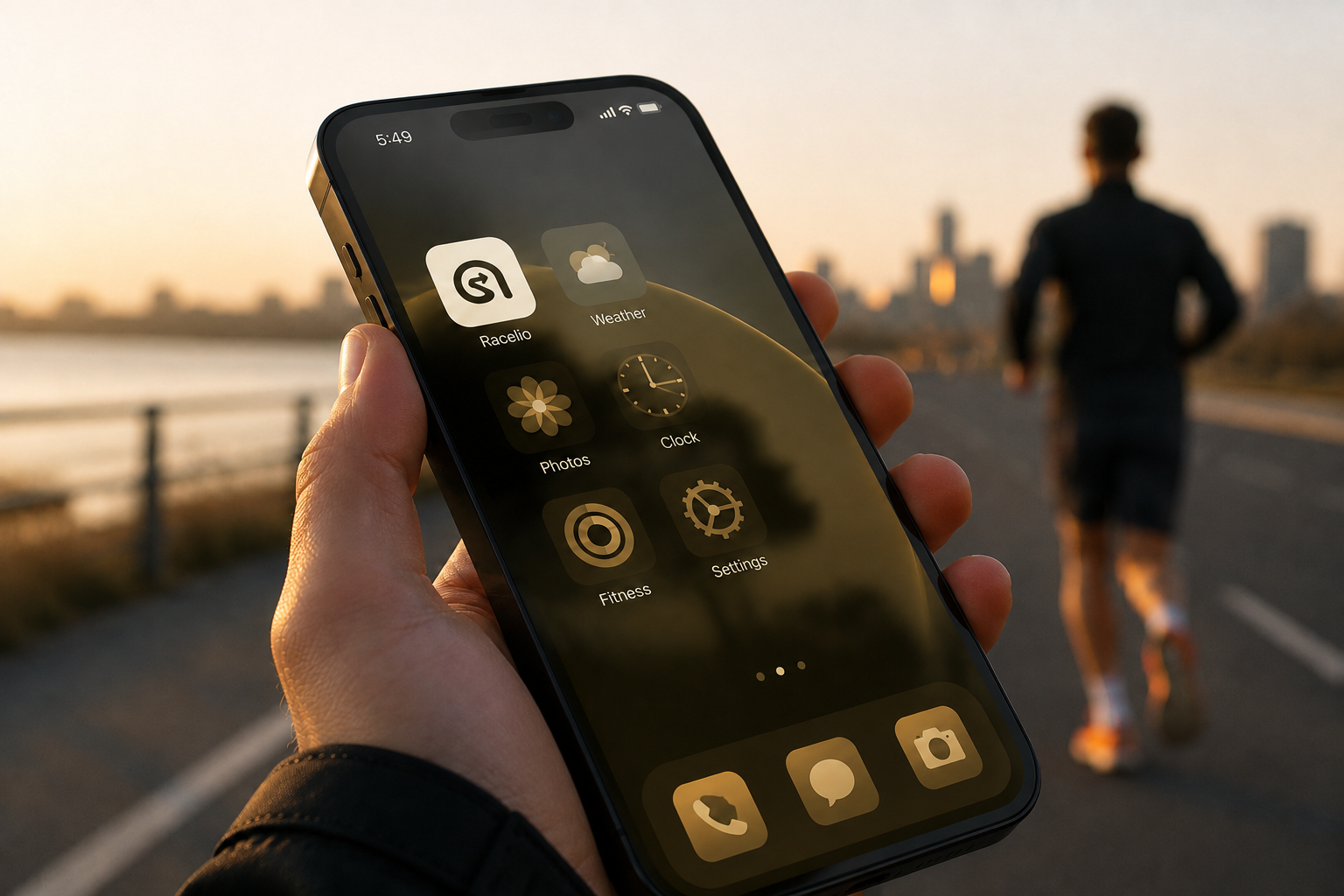 Racelio app icon shown on a runner’s phone home screen