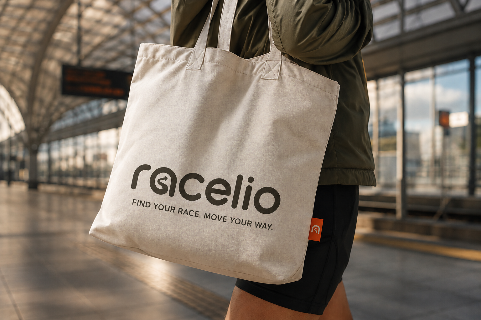 Cream Racelio tote bag carried through a transit station