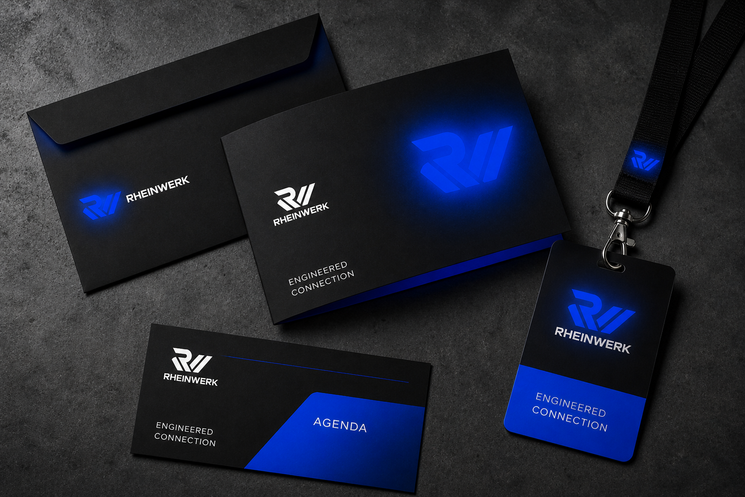 Rheinwerk Trade Fair Campaign — Printed invitation, agenda, badge and envelope suite.