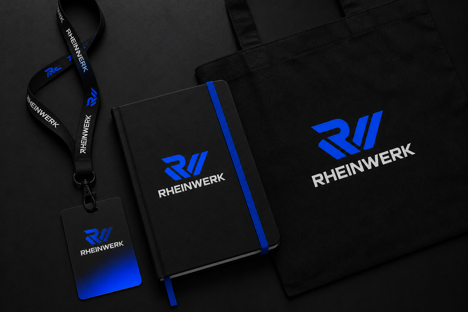 Rheinwerk Trade Fair Campaign — Staff badge, notebook, tote and lanyard applications.