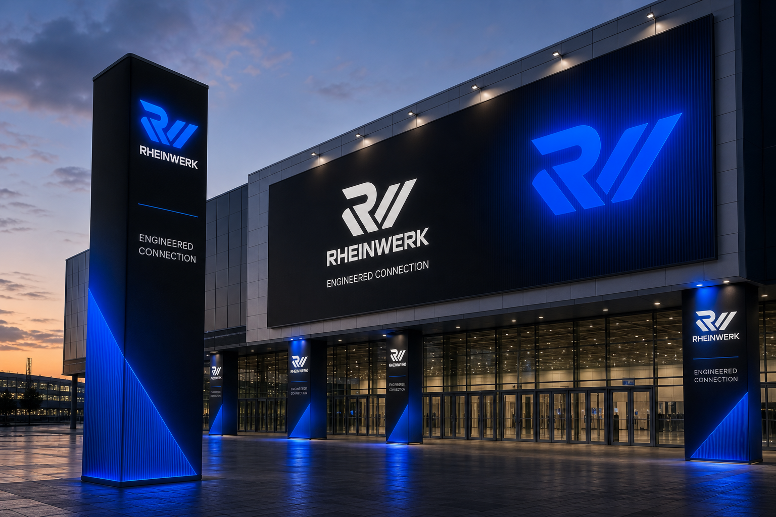 Rheinwerk Trade Fair Campaign — Exhibition-centre exterior campaign at architectural scale.
