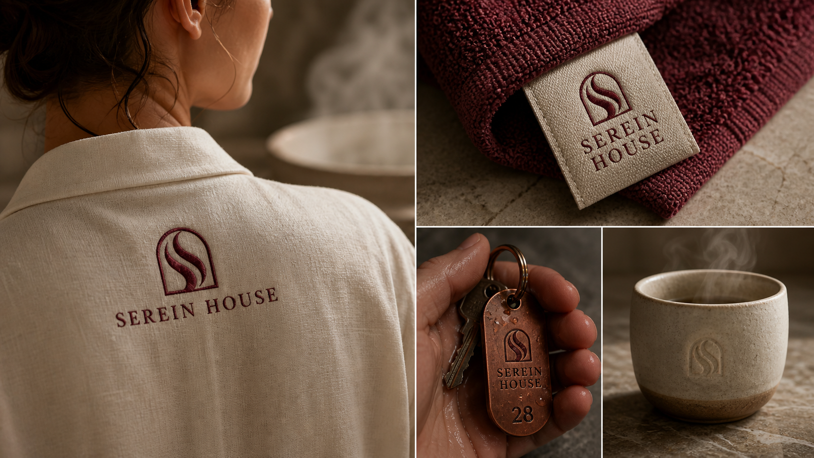 Serein House Cultural Bathhouse — Tactile hospitality applications across robe embroidery, woven labels, locker key and ceramic serviceware.