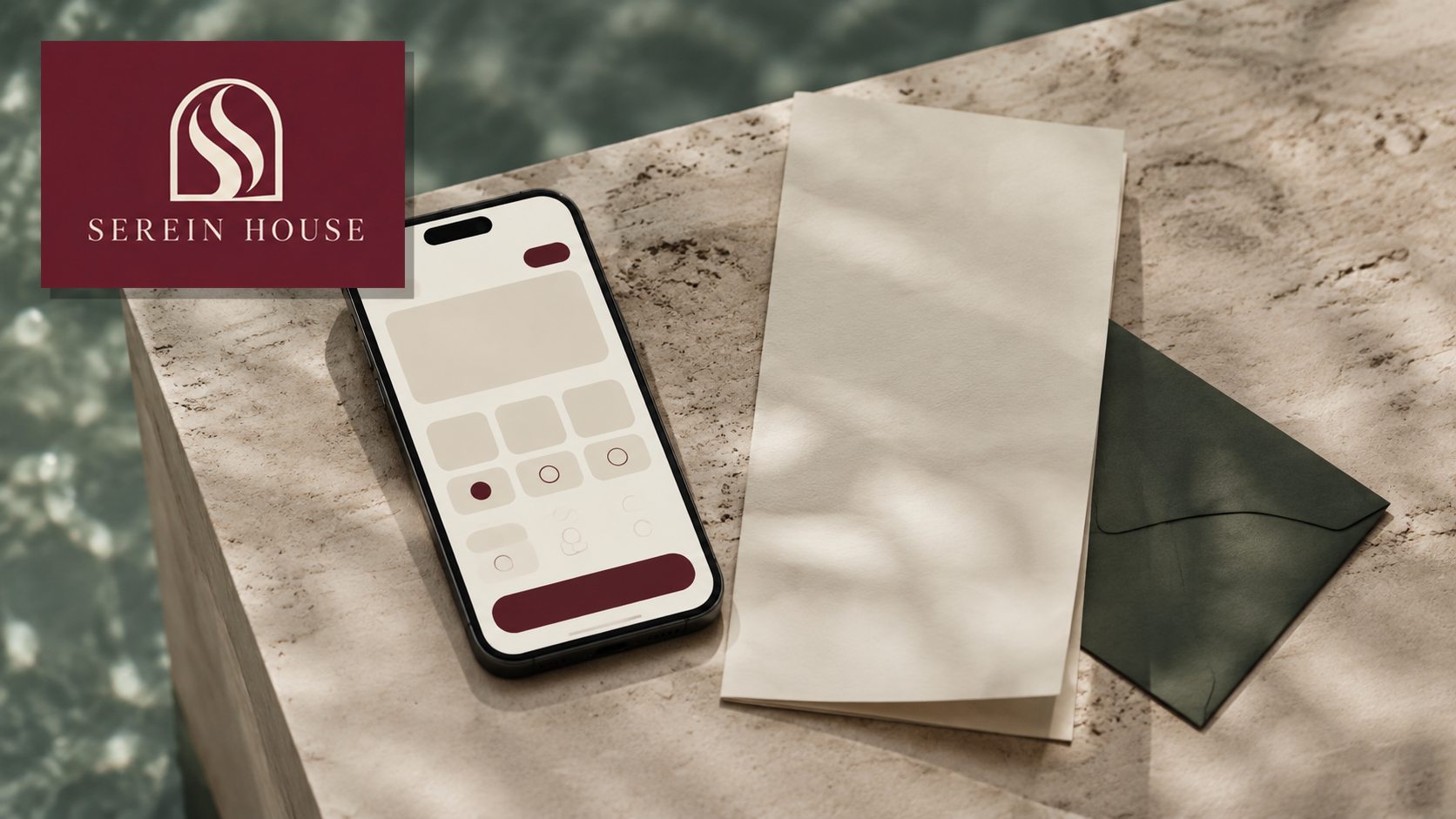 Serein House Cultural Bathhouse — Booking interface and concise guest-collateral family.