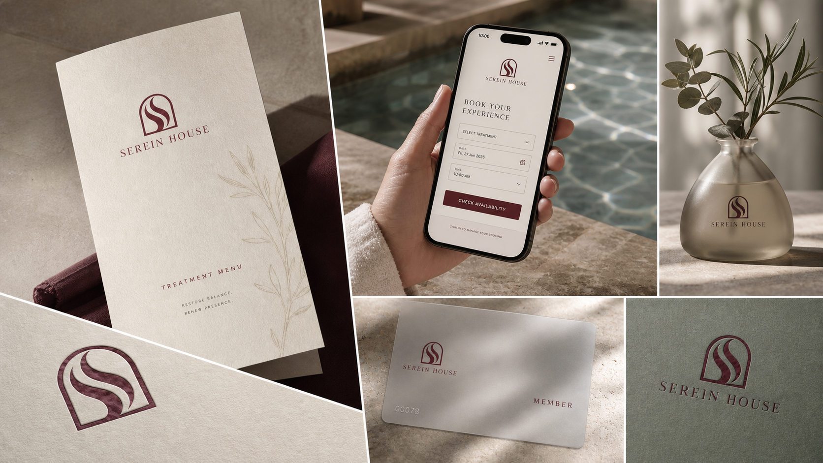 Serein House Cultural Bathhouse — Guest communication system across treatment menu, booking interface, membership card and fragrance vessel.