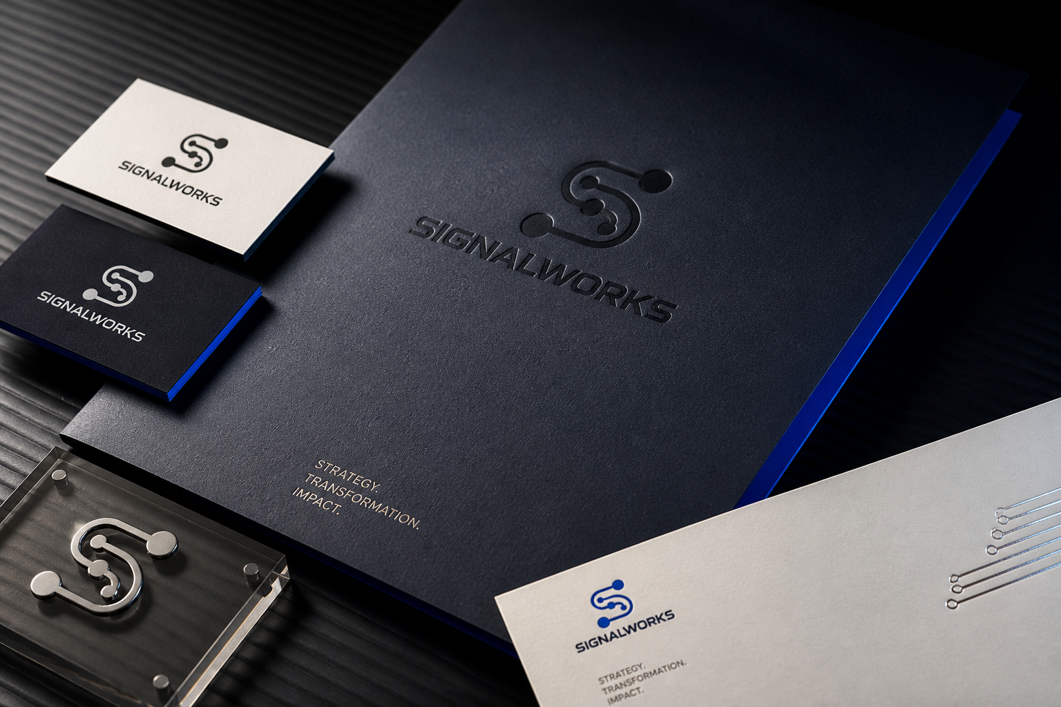 Signalworks Brand System — Embossed proposal and stationery details.