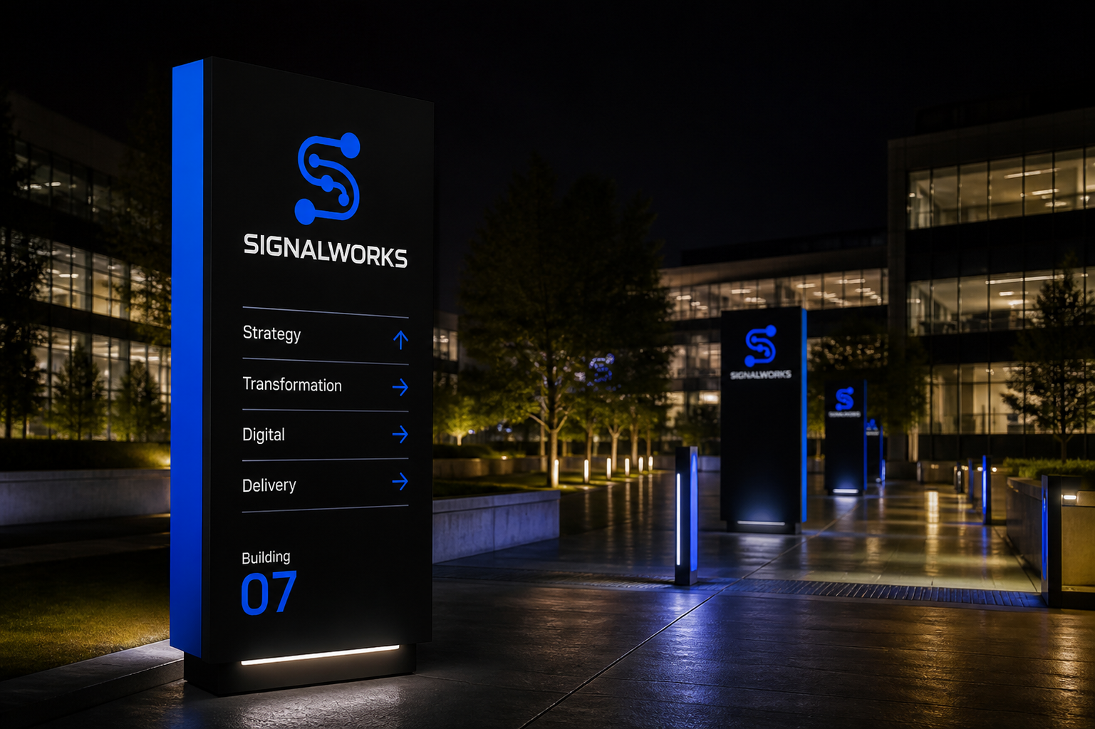 Signalworks Brand System — Connected technology-campus wayfinding.