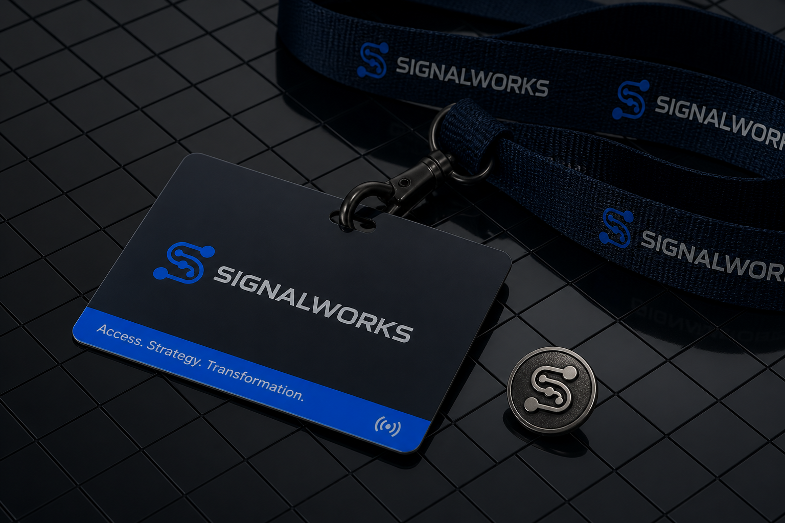 Signalworks Brand System — Access card, lanyard and machined brand pin.