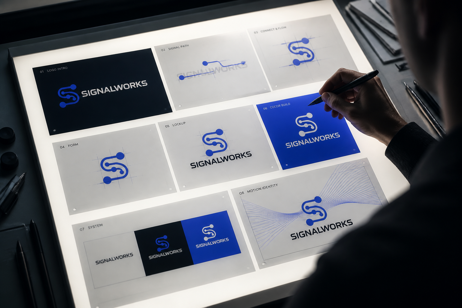 Signalworks Brand System — Signal-line motion identity storyboard.