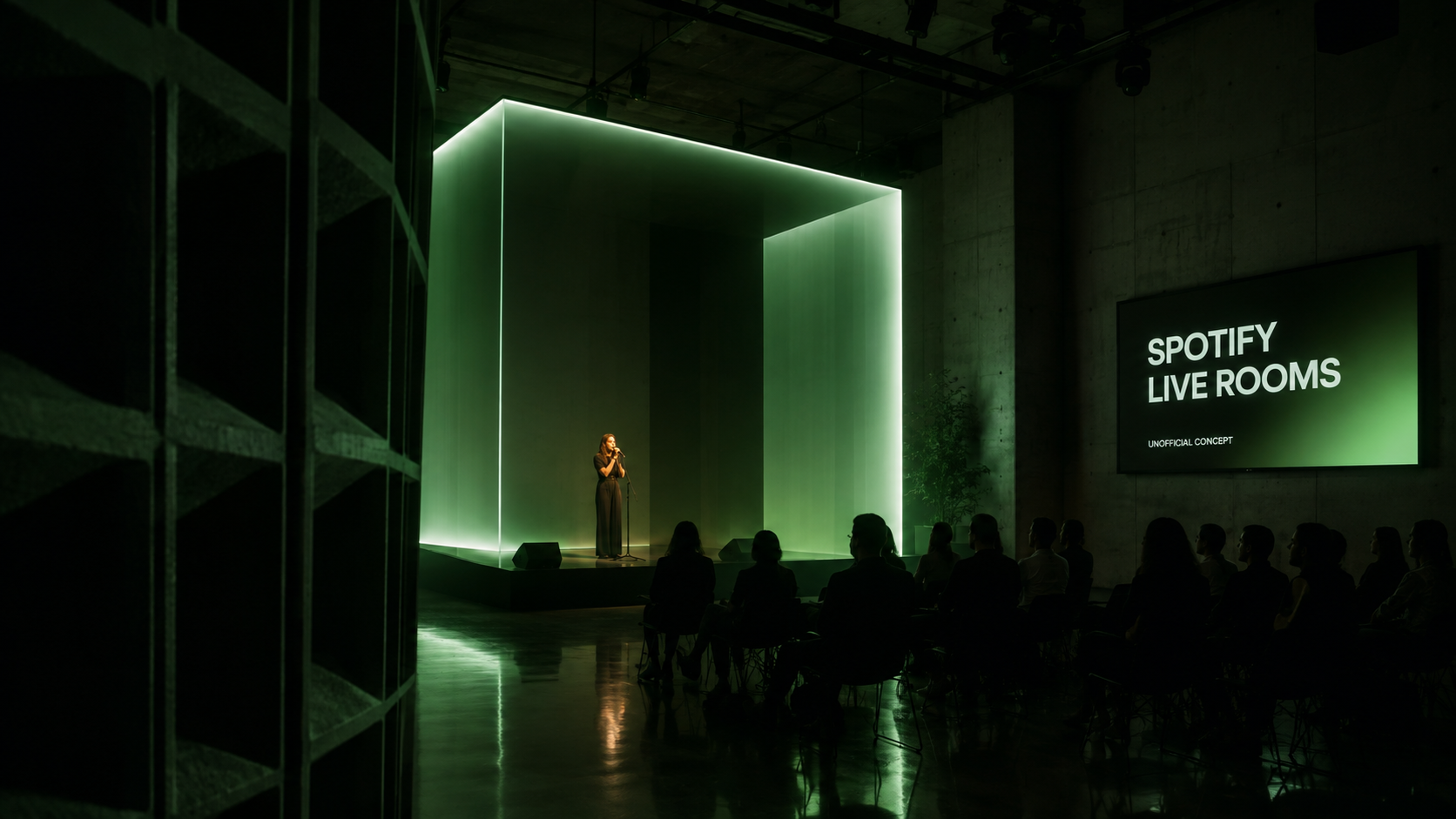 Spotify Live Rooms concept staged inside an intimate green-lit performance space