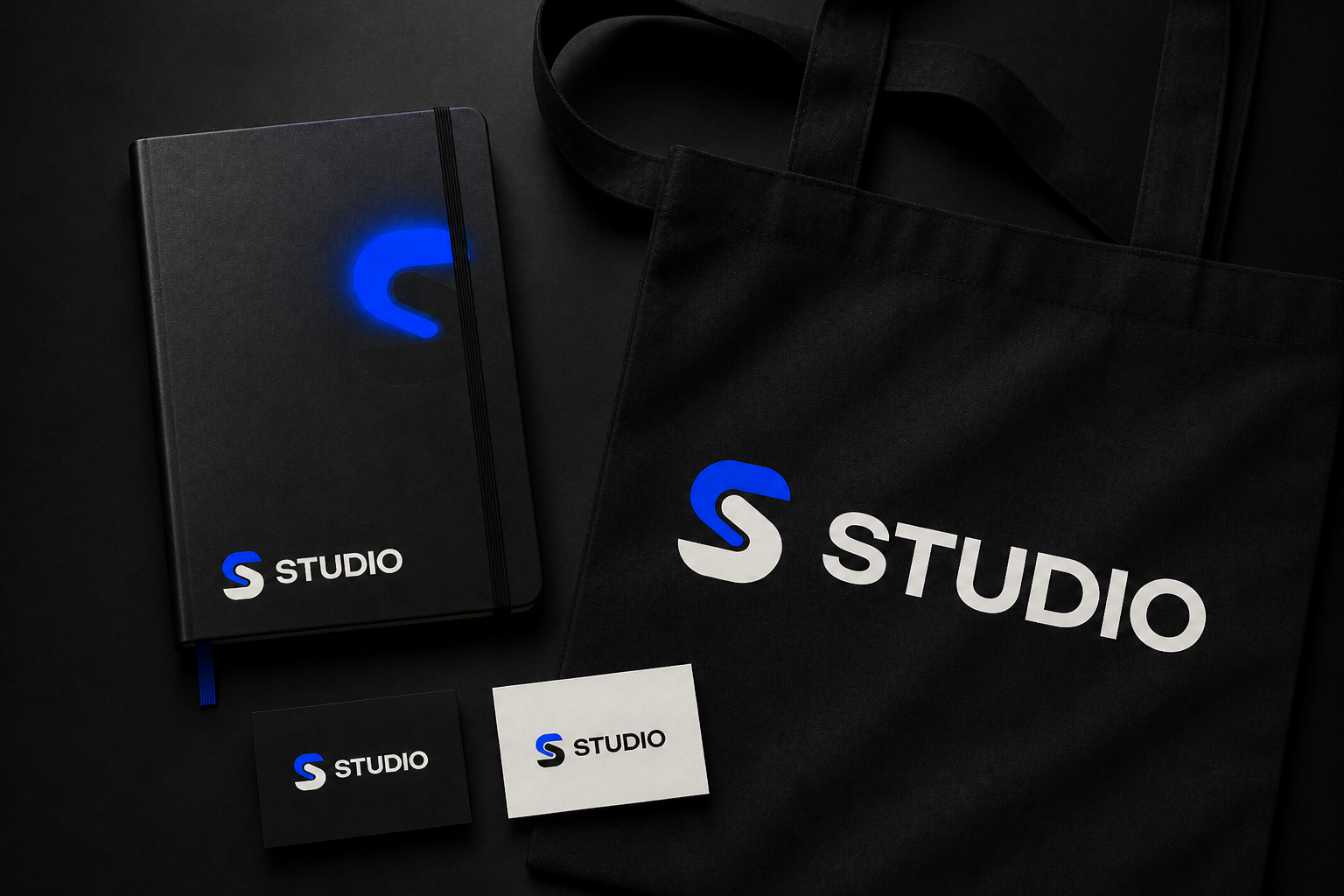 Studio B2B Sales Kit — Notebook, business card and tote applications.