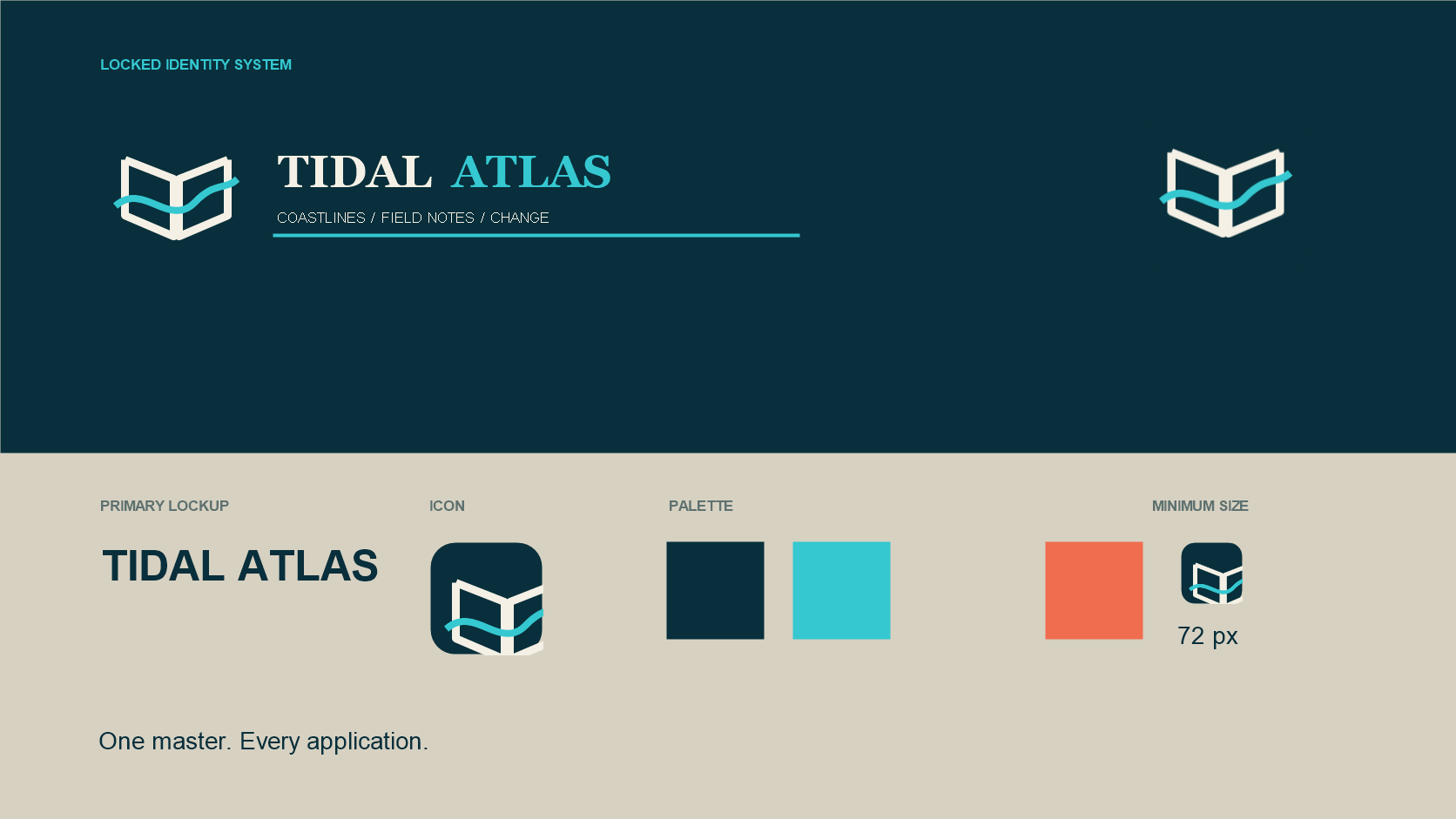 Tidal Atlas locked logo system with open-book tide icon and coastal palette