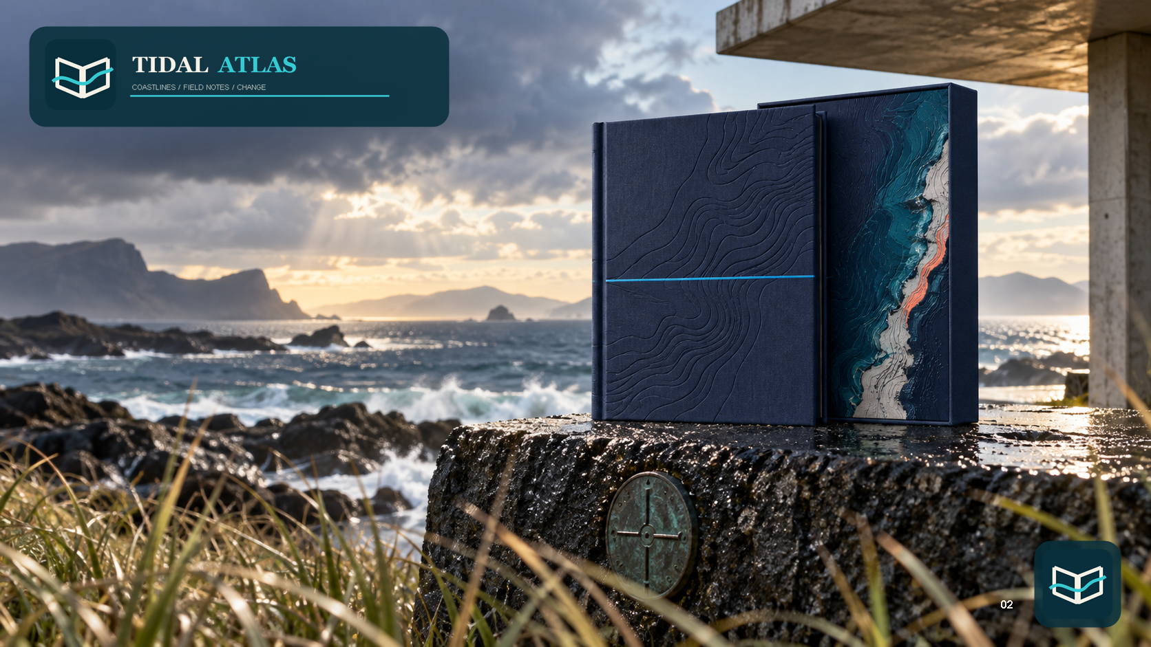 Tidal Atlas clothbound cover and slipcase on a coastal marker