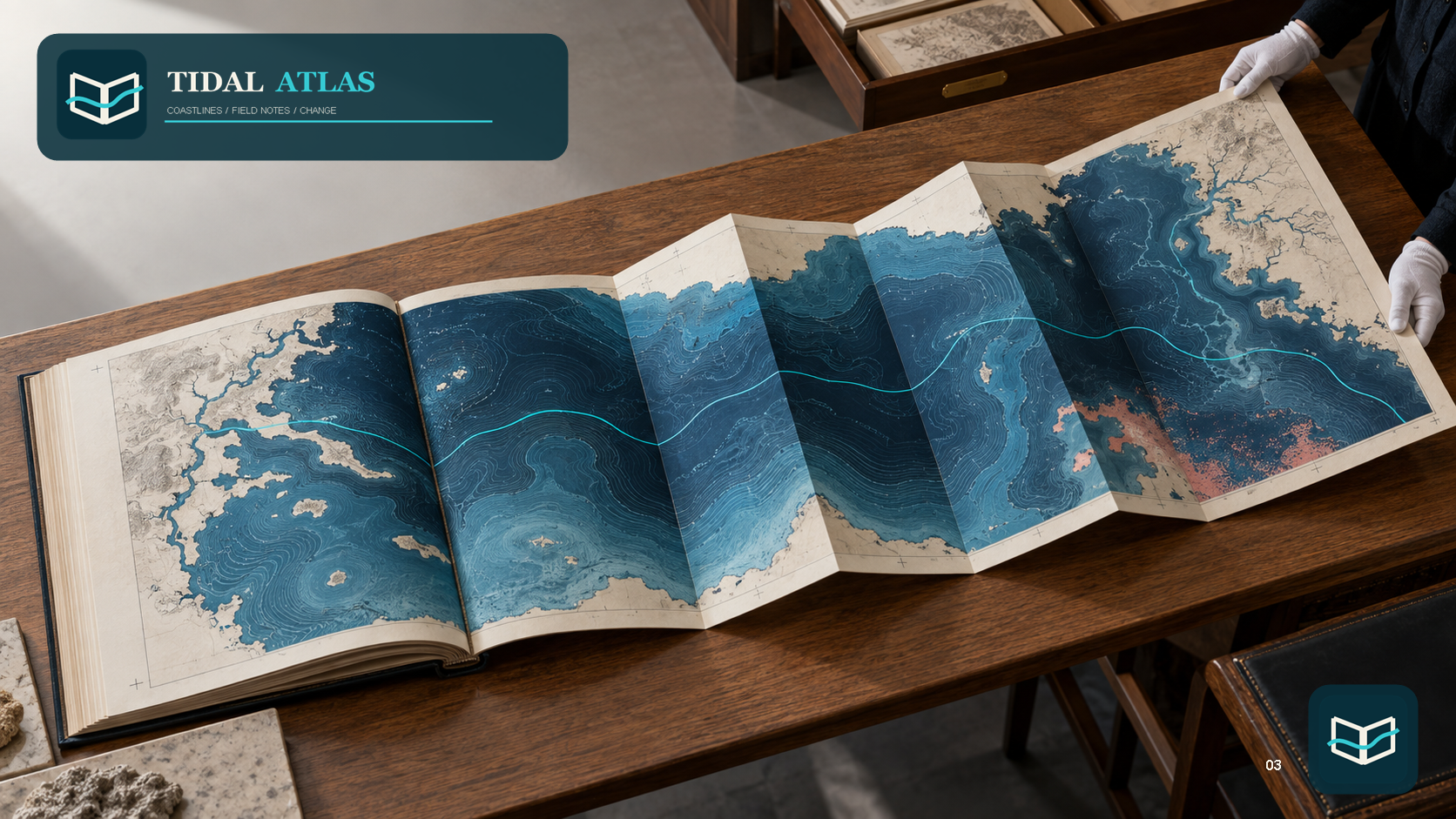 Tidal Atlas shoreline foldout opened across an archive table