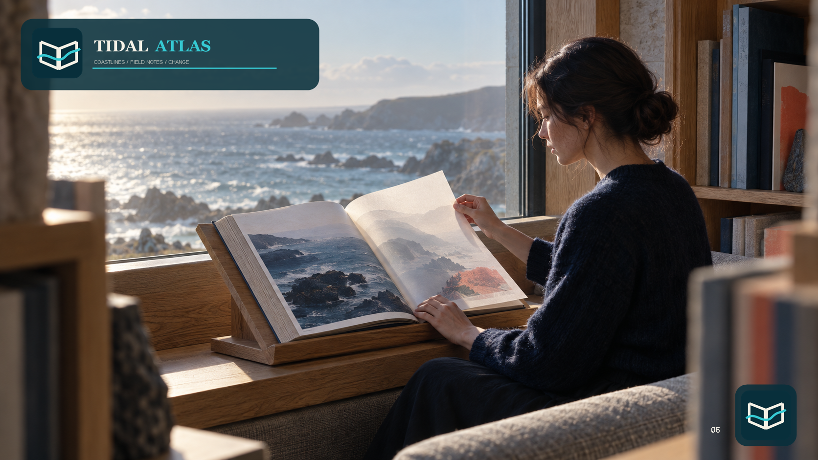 Reader studying Tidal Atlas in a coastal library