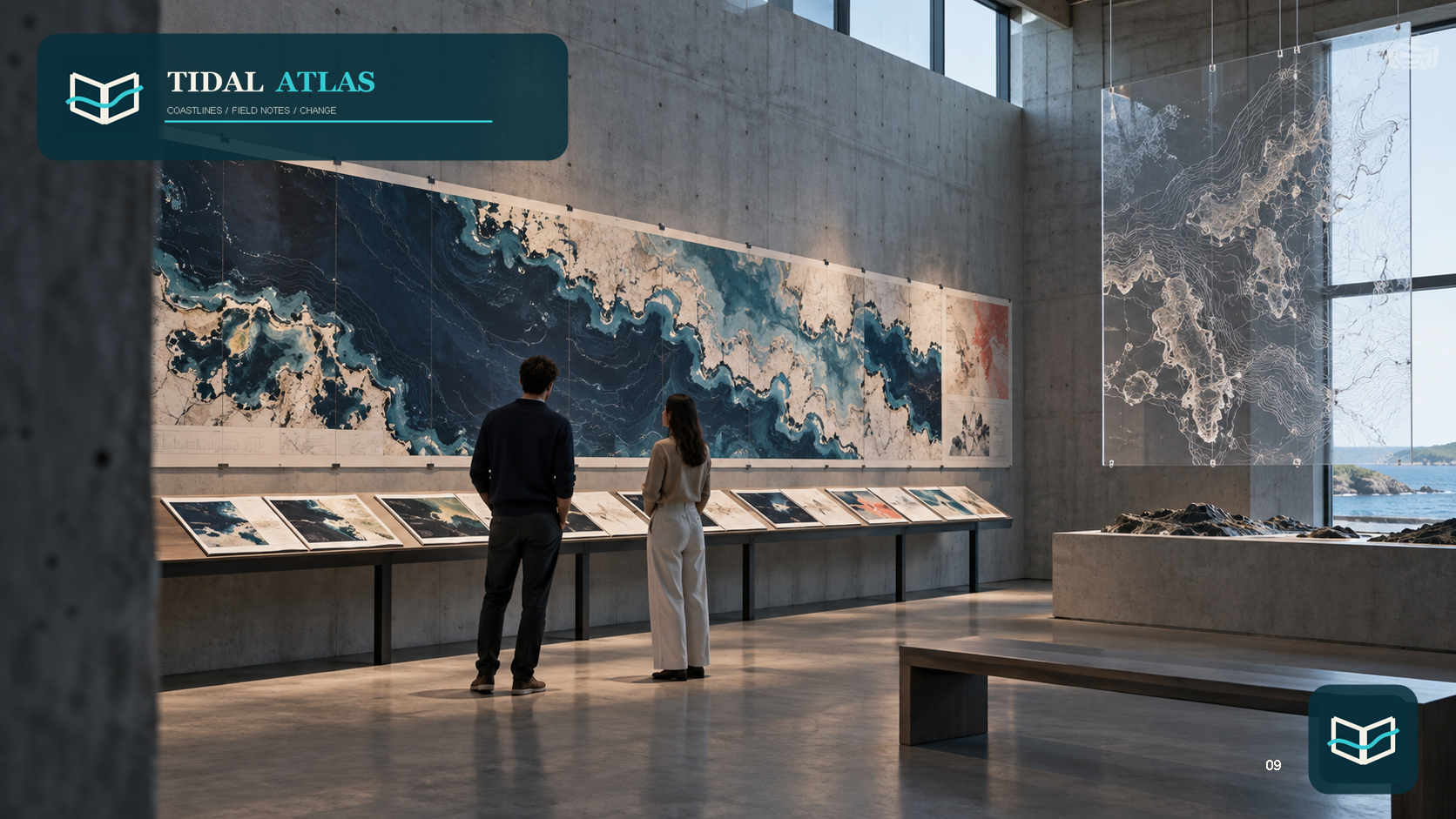 Tidal Atlas shoreline research exhibition in a maritime museum