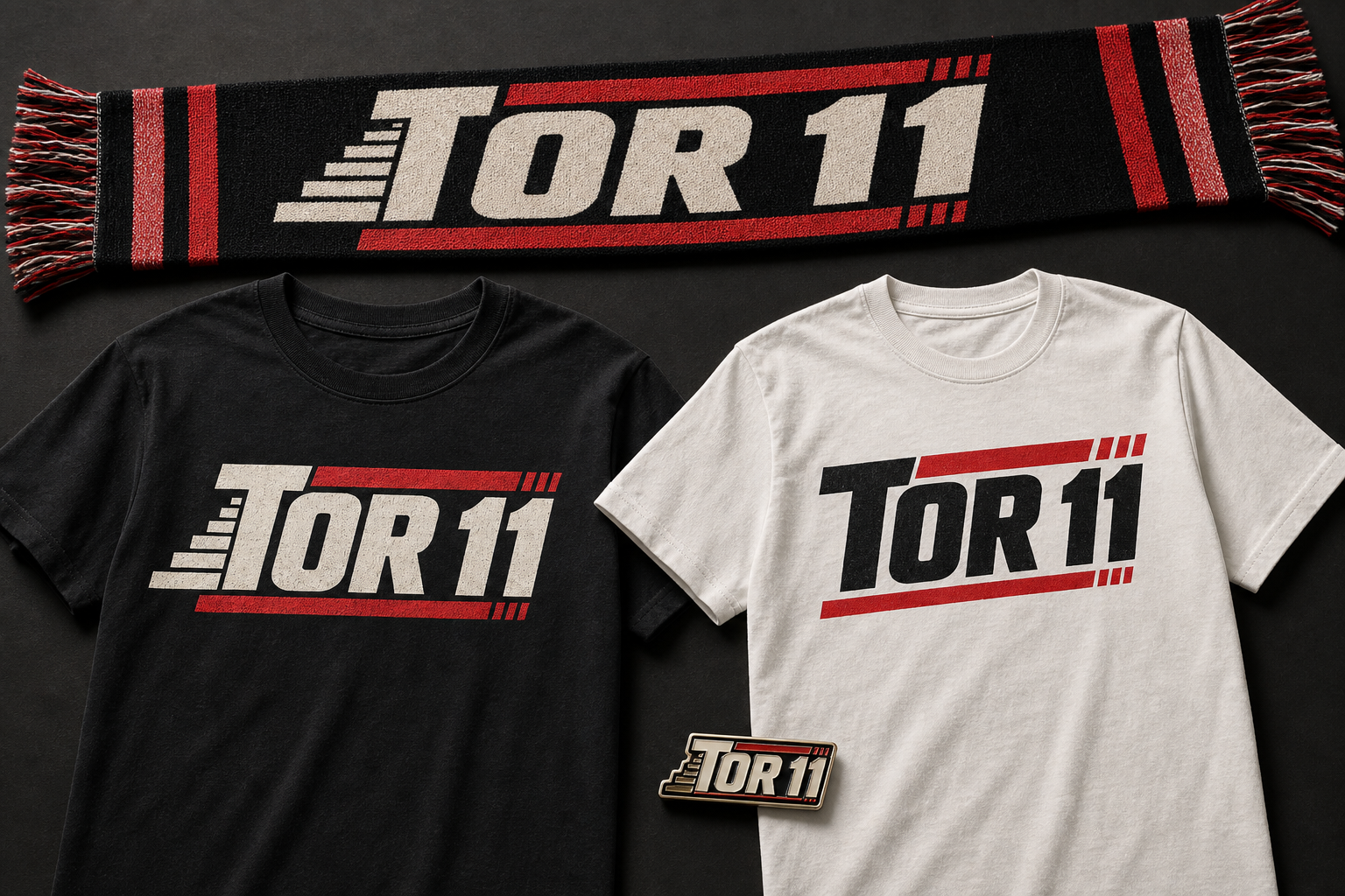 Tor 11 Fan Culture — Knitted scarf, screen-printed shirts and enamel pin.