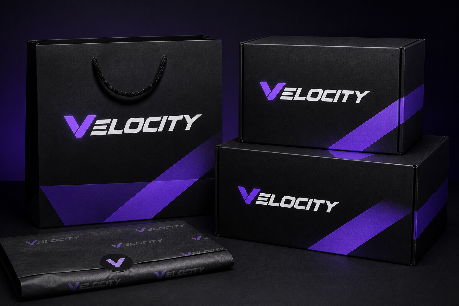 Velocity Commerce Campaign — Shipping box and shopping-bag packaging family.