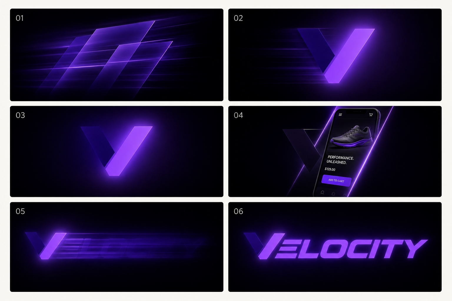 Velocity Commerce Campaign — Six-frame logo and product-window motion storyboard.