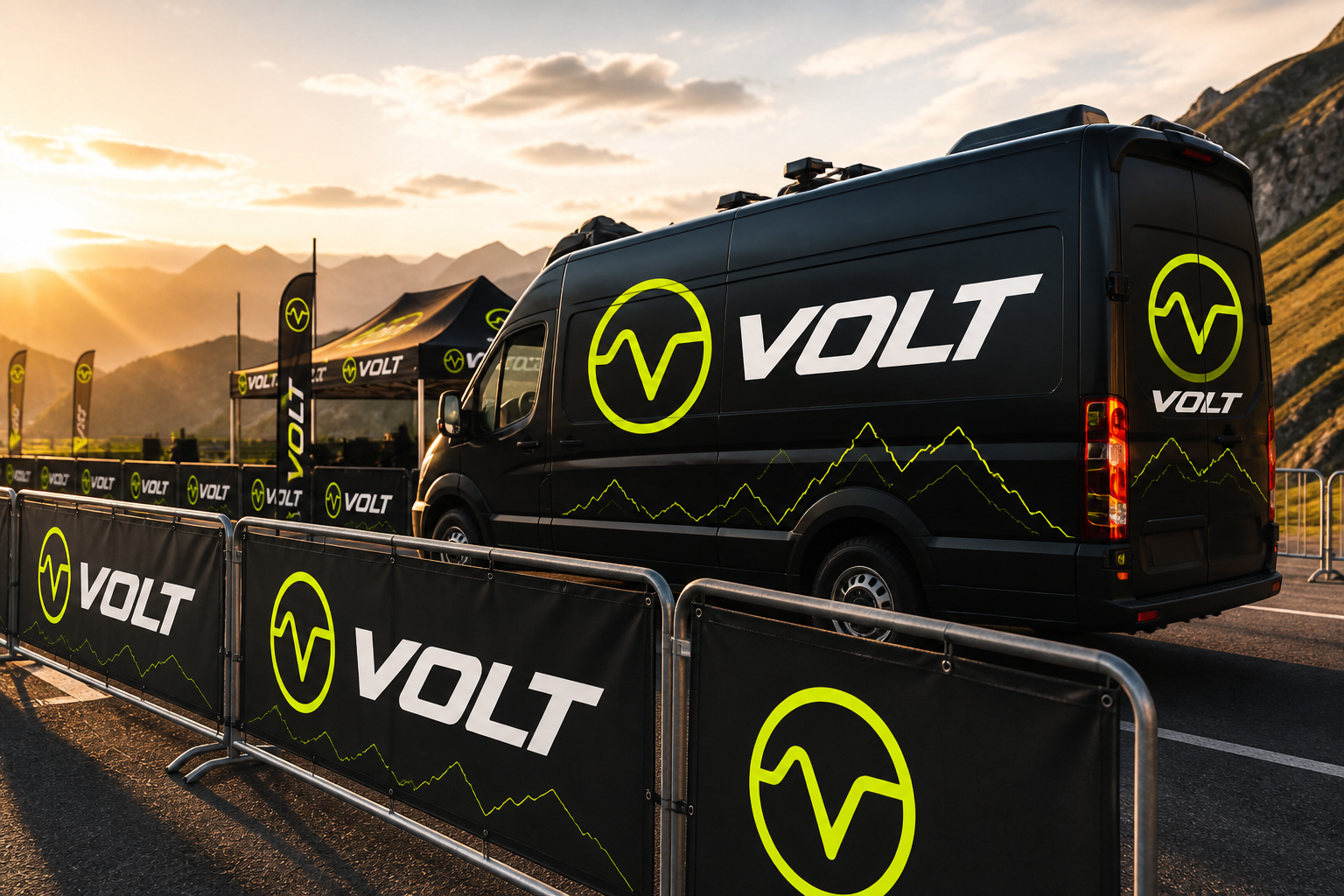 Volt Cycling Series — Support vehicle and branded event-village environment.