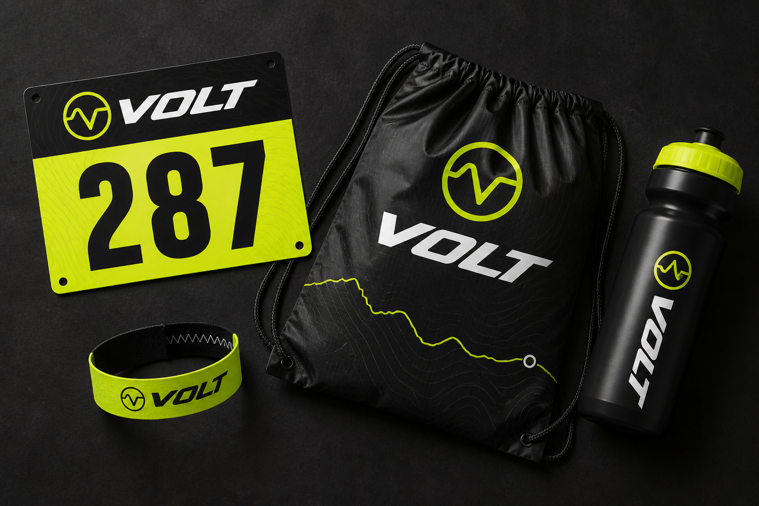 Volt Cycling Series — Race number, wristband, musette and bidon participant kit.